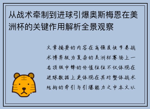 从战术牵制到进球引爆奥斯梅恩在美洲杯的关键作用解析全景观察